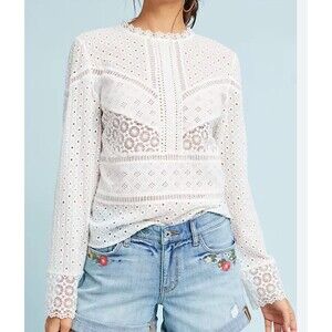 Anthropologie James Coviello Burnham White Lace Top Feminine Romantic Size XS